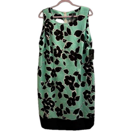 NWT RONNI NICOLE Shift Sleeveless Boat Neck Green & Black Floral Print Dress 16W - Picture 1 of 7